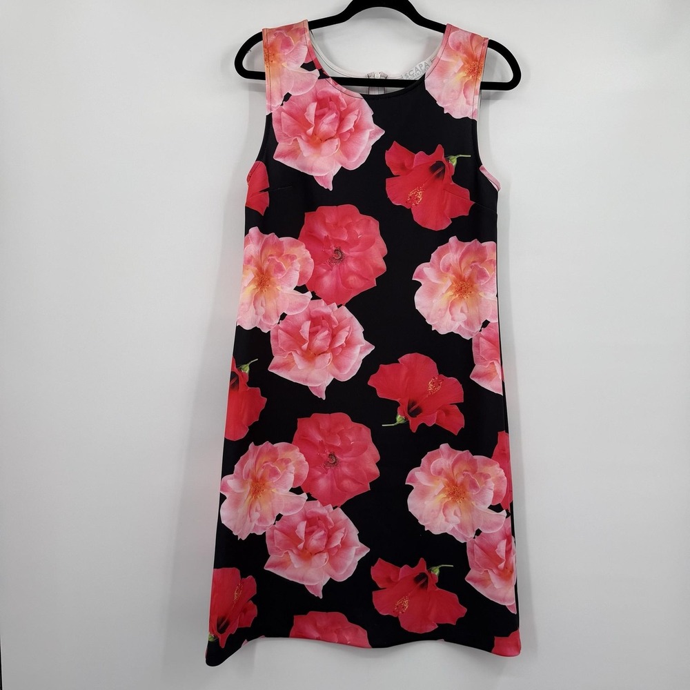 SCAPA LAUREN PERRE Dress Womens L Black Floral Sheath Sleeveless Zip Jersey